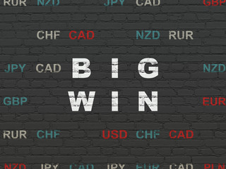 Finance concept: Painted white text Big Win on Black Brick wall background with Currency