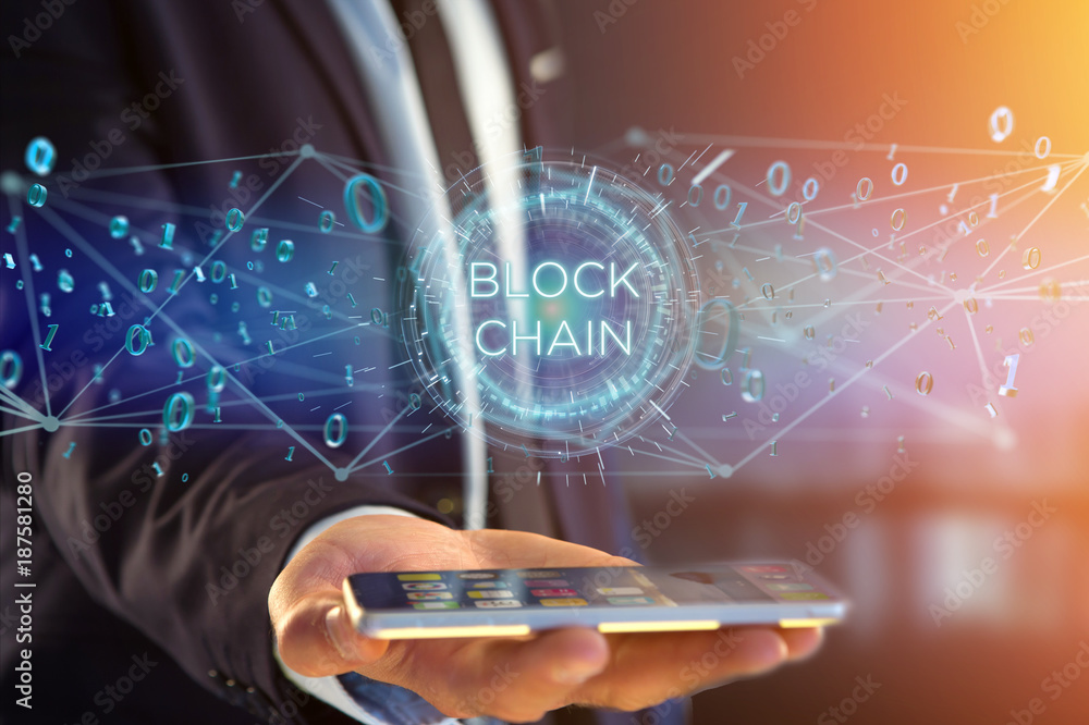 Poster blockchain title with 0 and 1 data flying over