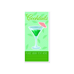 Creen cocktail with umbrella in martini glass banner, summer drink, cocktail party celebration flyer, invitation or card vector Illustration