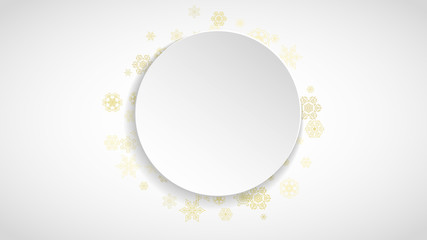 Gold snowflakes frame on white background. New year theme. Horizontal paper Christmas frame for holiday banner, card, sale, special offer. Falling snow with gold snowflake and glitter for party invite