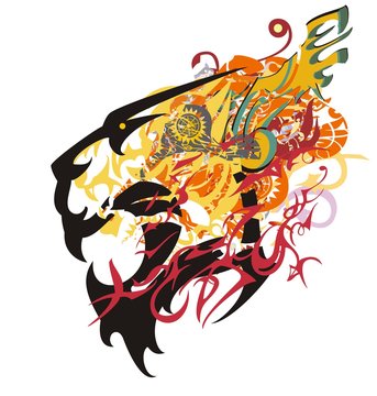 Growling tiger head colorful splashes. Aggressive tribal tiger head with an open jaw in bright tones with elements of a wing and linear patterns on a white background