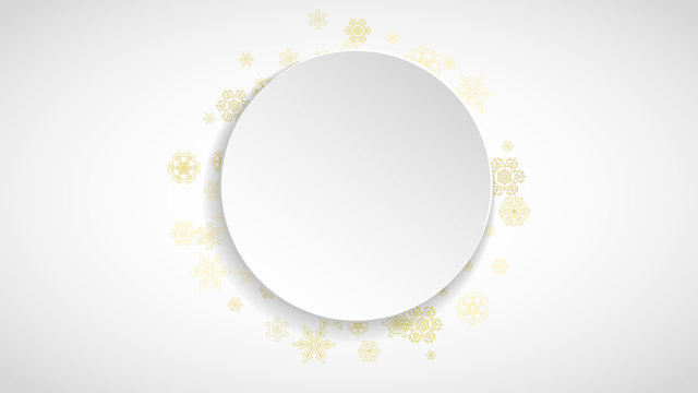 Gold snowflakes frame on white background. New year theme. Horizontal paper Christmas frame for holiday banner, card, sale, special offer. Falling snow with gold snowflake and glitter for party invite