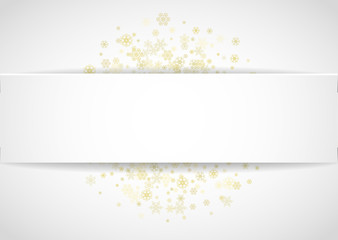 Glitter snowflakes frame on white horizontal background. Paper Christmas and New Year frame for gift certificate, ads, banners, flyers. Falling snow with golden glitter snowflakes for party invite