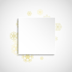 Christmas snow on white background. Glitter frame for winter banners, gift coupon, voucher, ads, party event. Paper banner with golden Christmas snow. Square falling snowflakes for holiday
