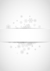 Christmas paper banner with silver snowflakes. Winter window. New Year and Christmas paper banner with glitter snow. Vertical design for party invitation, banner, sale, special offer, flyer, gifts.