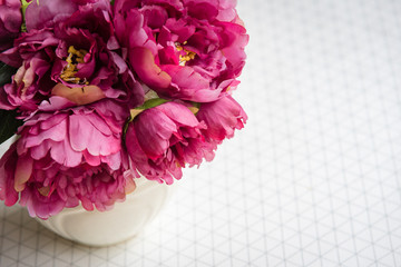 Beautiful  bunch of peony. Spring or summer lovely bouquet. Card, text place, copy space. Wallpaper, trendy color.