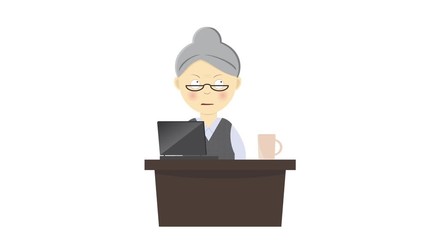 Animation of granny (old lady) working on her laptop, animated cartoon character, loop able. - Powered by Adobe