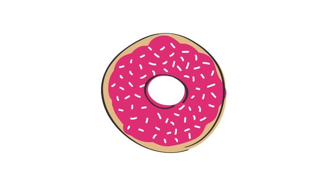 Animation of rotating donut with pink strawberry topping, animated hand drawn cartoon illustration, loop able.