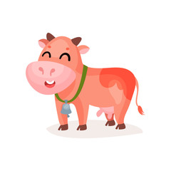 Funny smiling spotted cow with bell on its neck cartoon vector Illustration