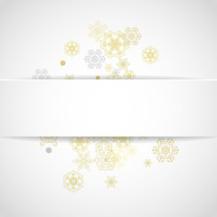Glitter snowflakes frame on white square background. Paper Christmas and New Year frame for gift certificate, ads, banners, flyers. Falling snow with golden glitter snowflakes for party invite