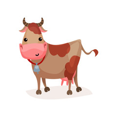 Cute funny spotted cow with bell on its neck cartoon vector Illustration