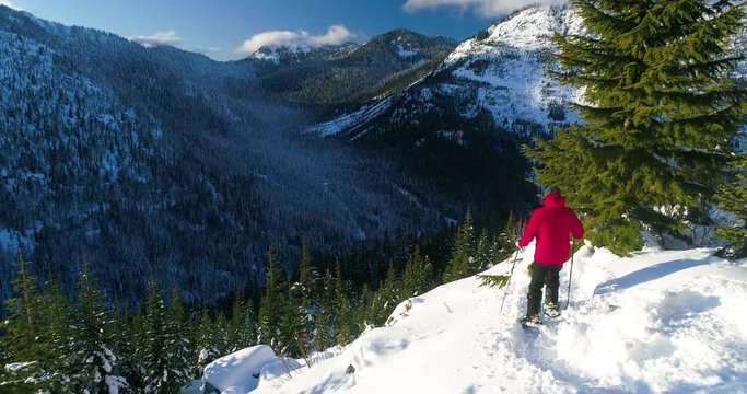Solo Mountain Man Snowshoe Backcountry Woods Sunny Bright Red Jacket Great Outdoors Trekking Journey