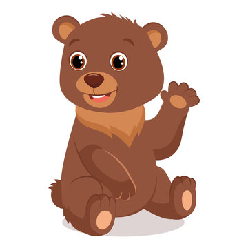 Cute Happy Little Bear Vector Illustration. Teddy Bear Waving Hand. Cartoon Vector Character On White Background.