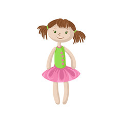Cute soft doll with brown hair, sewing toy cartoon vector Illustration