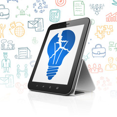 Business concept: Tablet Computer with  blue Light Bulb icon on display,  Hand Drawn Business Icons background, 3D rendering