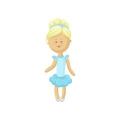 Beautiful smiling blonde soft doll in a light blue dress, sewing toy cartoon vector Illustration