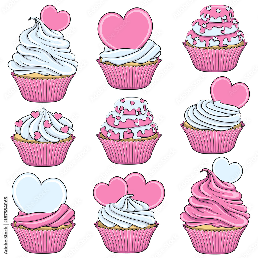 Poster set of color vector cupcakes with hearts. isolated objects on white.