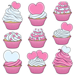 Set of color vector cupcakes with hearts. Isolated objects on white.