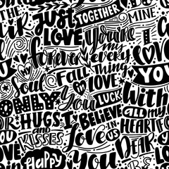 Love pattern. Black and white seamless pattern with phrases and words about love. Can be used for wedding or Valentine's day decoration