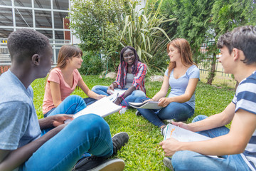 Multi ethnic group of teenagers seated on the grass with notebooks. Education and happiness concept