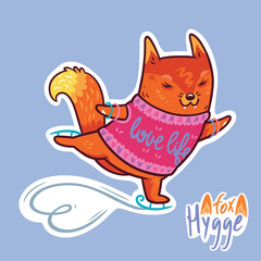 Cute baby fox skating. Cute decorative patch in vector