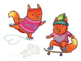 Two cute baby fox skating. Fun characters in cartoon style