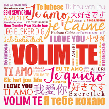 Volim te (I Love You in Croatian) in different languages of the world, word cloud background