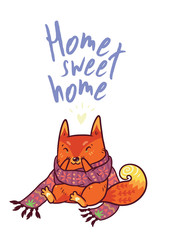 Cute baby fox in cozy ornament scarf. Winter illustration print.