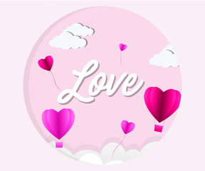 love Invitation card Valentine's day abstract background with text love and young joyful,clouds,paper cut pink heart. Vector