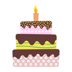 Sweet birthday cake with burning candle. Colorful holiday dessert. Vector celebration background.
