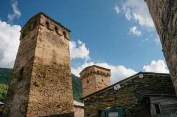 Low angle view of old house with hill on background, Ushguli, svaneti, Georgia