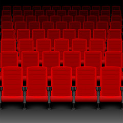 Fototapeta premium Realistic cinema hall red seats. Movie theater with rows of empty seats or chairs. Vector illustration