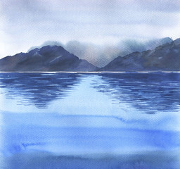 Landscape with mountains and lake or ocean, sea, river painted by watercolor. Hand drawn illustration.