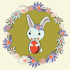 Cute Easter bunny with basket with egg in the middle of floral wreath. Vector illustration on light gren background