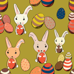 Cute Easter bunny with colored eggs in vintage style seamless pattern. Vector illustration on green background