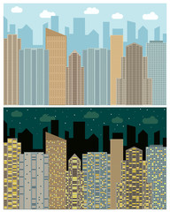 Fototapeta premium Street view with cityscape, skyscrapers and modern buildings in the day and night. Vector urban landscape illustration. 