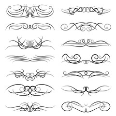 Set of vintage decorative curls, swirls, monograms and calligraphic borders. Line drawing design elements in black color on white background. Vector illustration.
