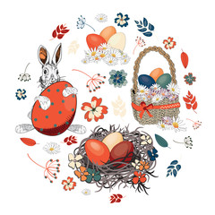 Beautiful Easter eggs in a basket and in the nest with easter bunny with various flowers in the shape of circle. Vector illustration on white background