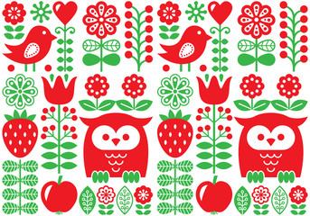 Finnish inspired seamless vector folk art pattern - Scandinavian design, Nordic wallpaper with flowers and birds 