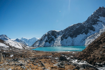 beautiful scenic landscape with snowy mountains and lake, Nepal, Sagarmatha, November 2014