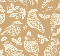 Vintage seamless Christmas pattern with ornamental birds and holly berries