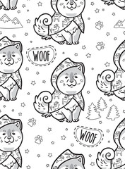 Ink husky puppies in raincoats vector endless background