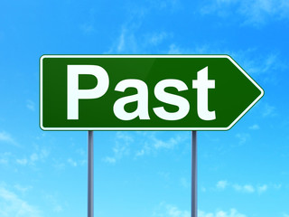 Timeline concept: Past on green road highway sign, clear blue sky background, 3D rendering