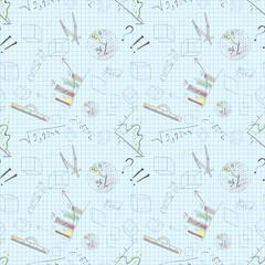 seamless pattern of graphic tools charts graphs on paper blue background
