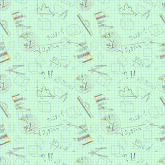 seamless pattern of graphic tools charts graphs on a sheet of paper green background