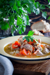 Stew of turkey thigh fillet with rustic vegetables, selective focus
