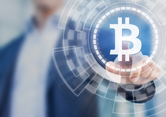 Businessman using bitcoin digital wallet blockchain technology, BTC cryptocurrency symbol