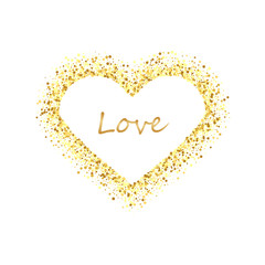 Golden splash or glittering spangles square frame with empty center for text. Golden glittering rectangle made of confetti on white background.
