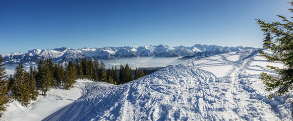 panoramic view of snowy mountains with trees in winter, Alps, Germany