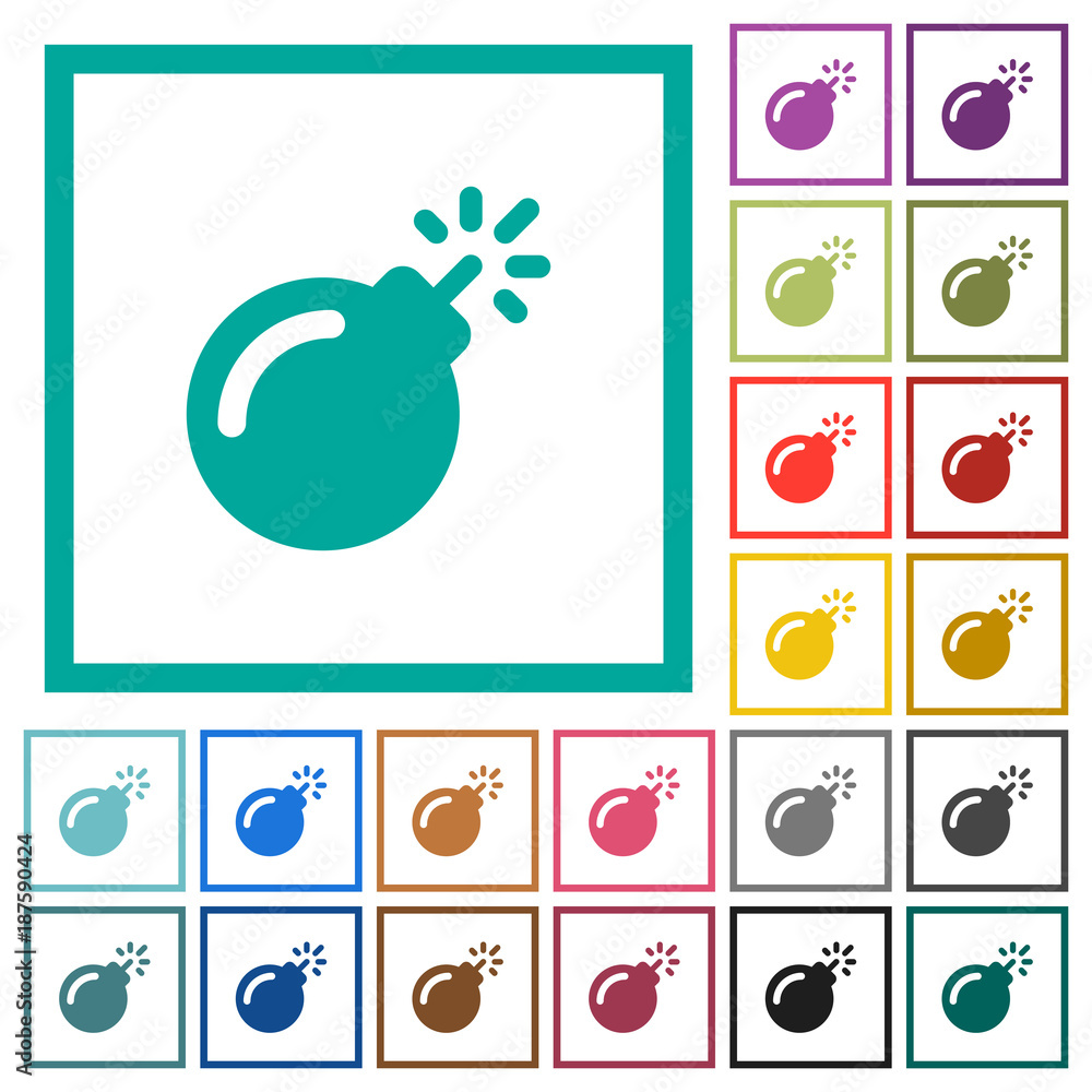 Poster bomb with sparkling fuse flat color icons with quadrant frames